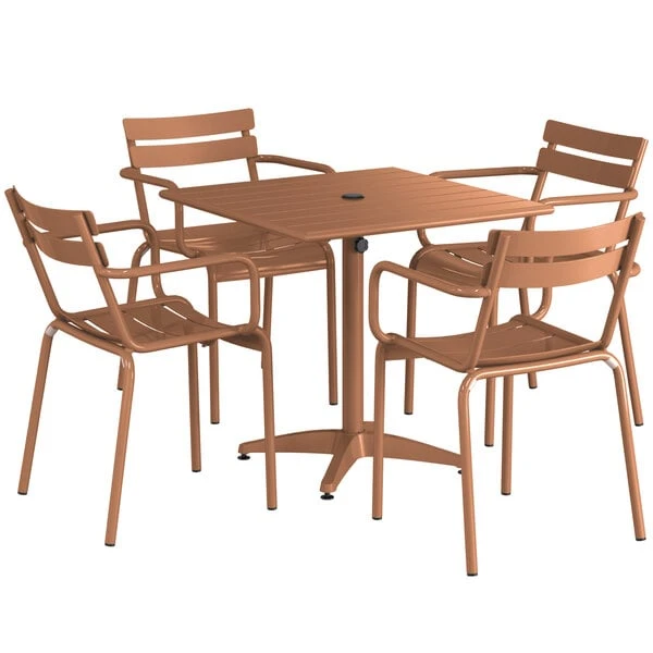 Lancaster Table & Seating 32" X 32" Brown Powder-Coated Aluminum Dining Height Outdoor Table With Umbrella Hole And 4 Arm Chairs 2 Lancaster Table & Seating 32" X 32" Brown Powder-Coated Aluminum Dining Height Outdoor Table With Umbrella Hole And 4 Arm Chairs - Image 2