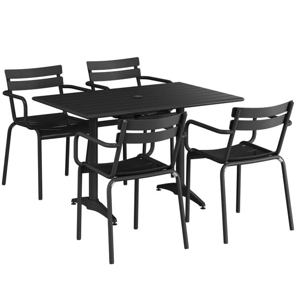 Lancaster Table & Seating 32" X 48" Black Powder-Coated Aluminum Standard Height Outdoor Table With Umbrella Hole And 4 Arm Chairs 2 Lancaster Table & Seating 32" X 48" Black Powder-Coated Aluminum Standard Height Outdoor Table With Umbrella Hole And 4 Arm Chairs - Image 2