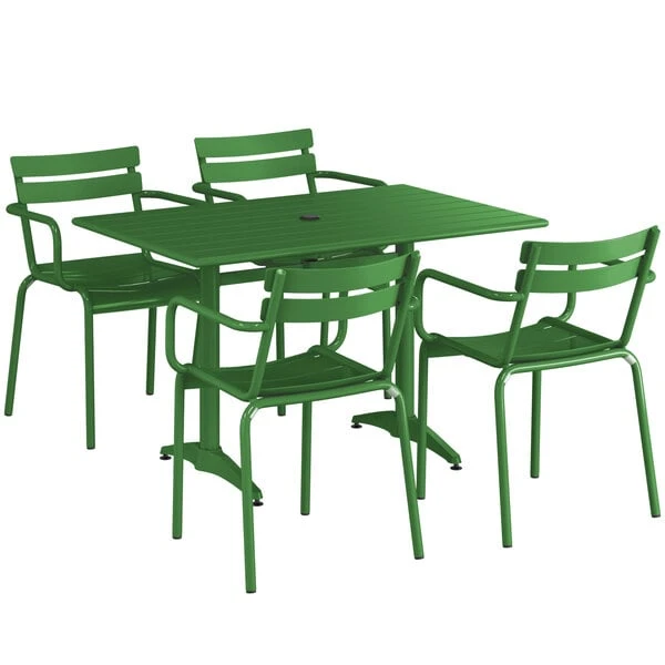 Lancaster Table & Seating 32" X 48" Green Powder-Coated Aluminum Standard Height Outdoor Table With Umbrella Hole And 4 Arm Chairs 2 Lancaster Table & Seating 32" X 48" Green Powder-Coated Aluminum Standard Height Outdoor Table With Umbrella Hole And 4 Arm Chairs - Image 2
