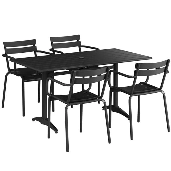 Lancaster Table & Seating 32" X 60" Black Powder-Coated Aluminum Standard Height Outdoor Table With Umbrella Hole And 4 Arm Chairs 2 Lancaster Table & Seating 32" X 60" Black Powder-Coated Aluminum Standard Height Outdoor Table With Umbrella Hole And 4 Arm Chairs - Image 2