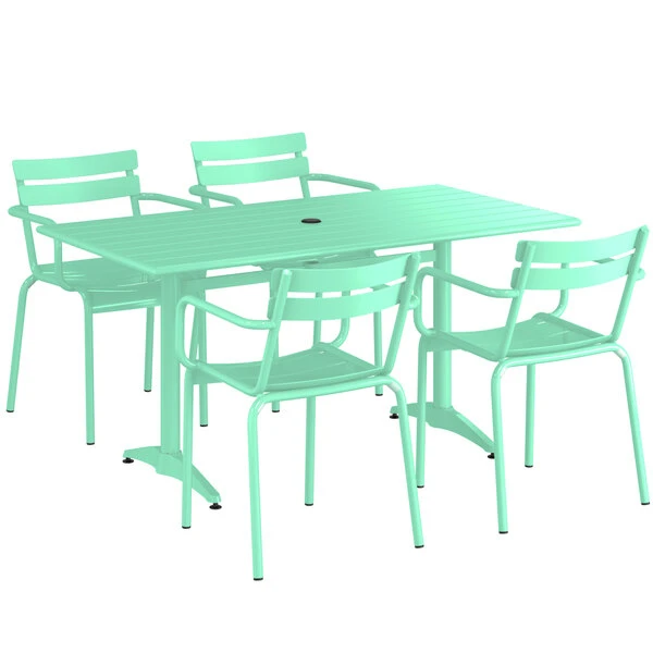 Lancaster Table & Seating 32" X 60" Seafoam Powder-Coated Aluminum Standard Height Outdoor Table With Umbrella Hole And 4 Arm Chairs 2 Lancaster Table & Seating 32" X 60" Seafoam Powder-Coated Aluminum Standard Height Outdoor Table With Umbrella Hole And 4 Arm Chairs - Image 2