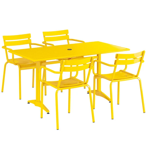 Lancaster Table & Seating 32" X 60" Yellow Powder-Coated Aluminum Standard Height Outdoor Table With Umbrella Hole And 4 Arm Chairs 2 Lancaster Table & Seating 32" X 60" Yellow Powder-Coated Aluminum Standard Height Outdoor Table With Umbrella Hole And 4 Arm Chairs - Image 2