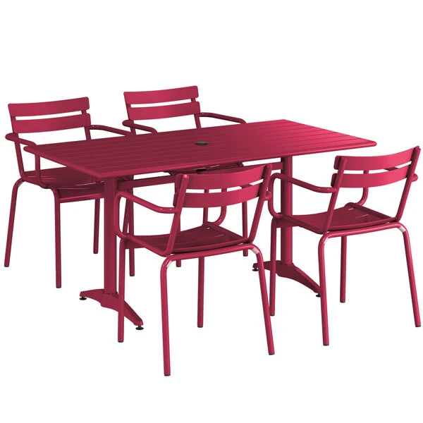 Lancaster Table & Seating 32" X 60" Sangria Powder-Coated Aluminum Standard Height Outdoor Table With Umbrella Hole And 4 Arm Chairs 2 Lancaster Table & Seating 32" X 60" Sangria Powder-Coated Aluminum Standard Height Outdoor Table With Umbrella Hole And 4 Arm Chairs - Image 2