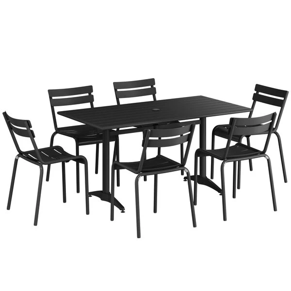 Lancaster Table & Seating 32" X 60" Black Powder-Coated Aluminum Standard Height Outdoor Table With Umbrella Hole And 6 Side Chairs 2 Lancaster Table & Seating 32" X 60" Black Powder-Coated Aluminum Standard Height Outdoor Table With Umbrella Hole And 6 Side Chairs - Image 2