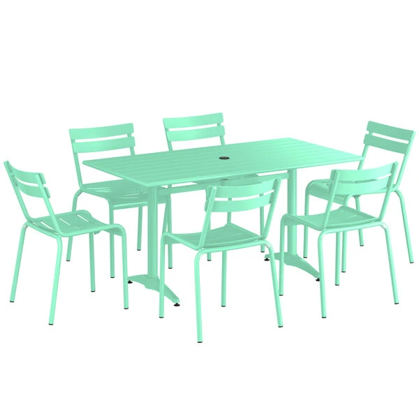 Lancaster Table & Seating 32" X 60" Seafoam Powder-Coated Aluminum Standard Height Outdoor Table With Umbrella Hole And 6 Side Chairs 2 Lancaster Table & Seating 32" X 60" Seafoam Powder-Coated Aluminum Standard Height Outdoor Table With Umbrella Hole And 6 Side Chairs - Image 2