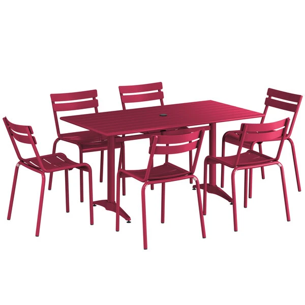 Lancaster Table & Seating 32" X 60" Sangria Powder-Coated Aluminum Standard Height Outdoor Table With Umbrella Hole And 6 Side Chairs 2 Lancaster Table & Seating 32" X 60" Sangria Powder-Coated Aluminum Standard Height Outdoor Table With Umbrella Hole And 6 Side Chairs - Image 2