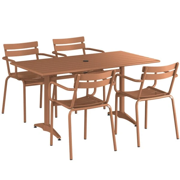 Lancaster Table & Seating 32" X 60" Brown Powder-Coated Aluminum Dining Height Outdoor Table With Umbrella Hole And 4 Arm Chairs 2 Lancaster Table & Seating 32" X 60" Brown Powder-Coated Aluminum Dining Height Outdoor Table With Umbrella Hole And 4 Arm Chairs - Image 2