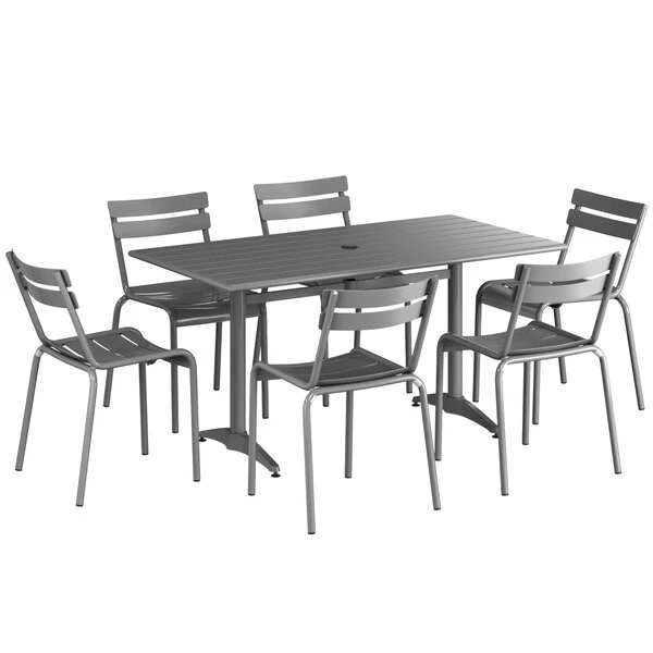 Lancaster Table & Seating 32" X 60" Matte Gray Powder-Coated Aluminum Dining Height Outdoor Table With Umbrella Hole And 6 Side Chairs 2 Lancaster Table & Seating 32" X 60" Matte Gray Powder-Coated Aluminum Dining Height Outdoor Table With Umbrella Hole And 6 Side Chairs - Image 2