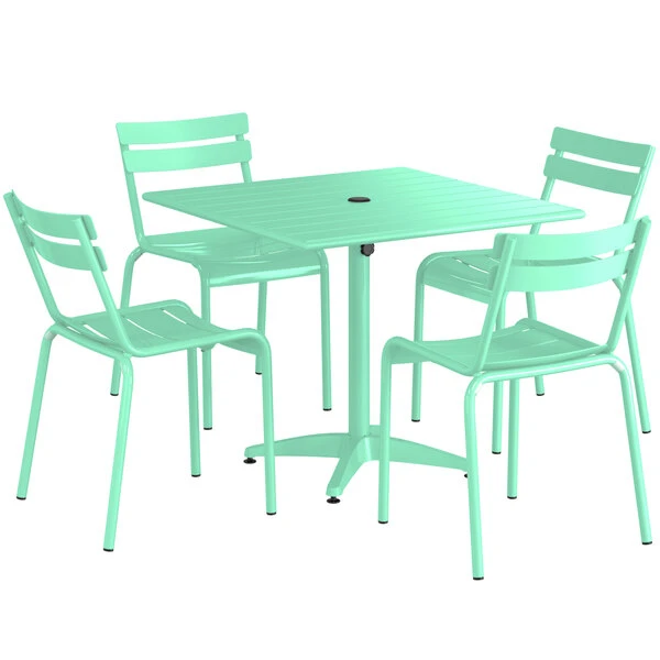 Lancaster Table & Seating 36" X 36" Seafoam Powder-Coated Aluminum Standard Height Outdoor Table With Umbrella Hole And 4 Side Chairs 2 Lancaster Table & Seating 36" X 36" Seafoam Powder-Coated Aluminum Standard Height Outdoor Table With Umbrella Hole And 4 Side Chairs - Image 2