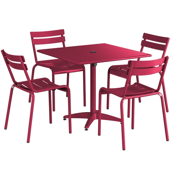 Lancaster Table & Seating 36" X 36" Sangria Powder-Coated Aluminum Standard Height Outdoor Table With Umbrella Hole And 4 Side Chairs 2 Lancaster Table & Seating 36" X 36" Sangria Powder-Coated Aluminum Standard Height Outdoor Table With Umbrella Hole And 4 Side Chairs - Image 2