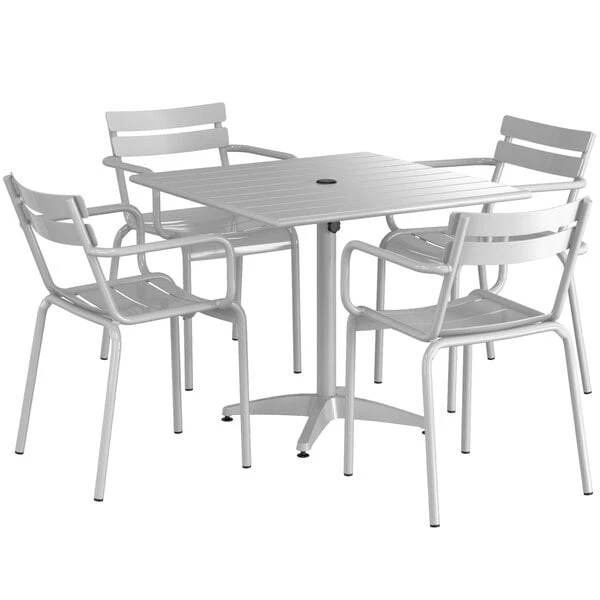 Lancaster Table & Seating 36" X 36" Silver Powder-Coated Aluminum Dining Height Outdoor Table With Umbrella Hole And 4 Arm Chairs 2 Lancaster Table & Seating 36" X 36" Silver Powder-Coated Aluminum Dining Height Outdoor Table With Umbrella Hole And 4 Arm Chairs - Image 2