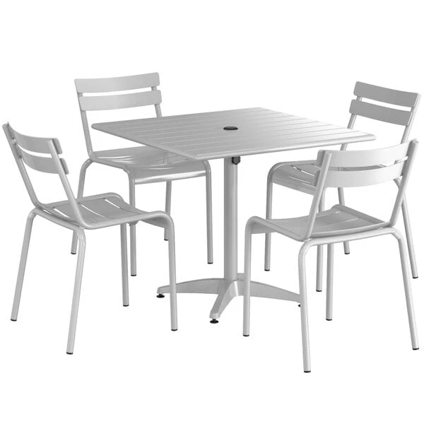 Lancaster Table & Seating 36" X 36" Silver Powder-Coated Aluminum Dining Height Outdoor Table With Umbrella Hole And 4 Side Chairs 2 Lancaster Table & Seating 36" X 36" Silver Powder-Coated Aluminum Dining Height Outdoor Table With Umbrella Hole And 4 Side Chairs - Image 2