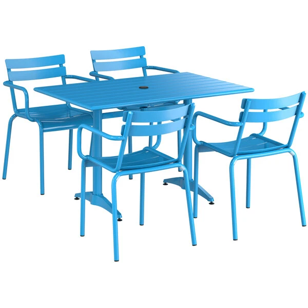 Lancaster Table & Seating 32" X 48" Blue Powder-Coated Aluminum Dining Height Outdoor Table With Umbrella Hole And 4 Arm Chairs 2 Lancaster Table & Seating 32" X 48" Blue Powder-Coated Aluminum Dining Height Outdoor Table With Umbrella Hole And 4 Arm Chairs - Image 2