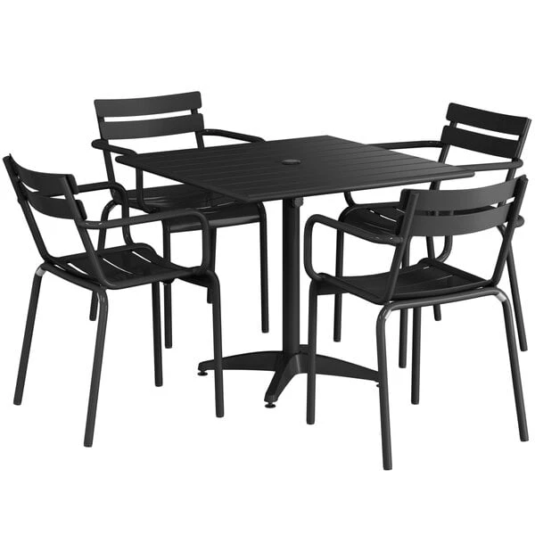 Lancaster Table & Seating 36" X 36" Black Powder-Coated Aluminum Standard Height Outdoor Table With Umbrella Hole And 4 Arm Chairs 2 Lancaster Table & Seating 36" X 36" Black Powder-Coated Aluminum Standard Height Outdoor Table With Umbrella Hole And 4 Arm Chairs - Image 2