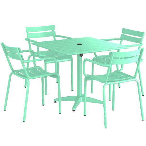 Lancaster Table & Seating 36" X 36" Seafoam Powder-Coated Aluminum Standard Height Outdoor Table With Umbrella Hole And 4 Arm Chairs 2 Lancaster Table & Seating 36" X 36" Seafoam Powder-Coated Aluminum Standard Height Outdoor Table With Umbrella Hole And 4 Arm Chairs - Image 2