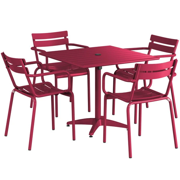 Lancaster Table & Seating 36" X 36" Sangria Powder-Coated Aluminum Standard Height Outdoor Table With Umbrella Hole And 4 Arm Chairs 2 Lancaster Table & Seating 36" X 36" Sangria Powder-Coated Aluminum Standard Height Outdoor Table With Umbrella Hole And 4 Arm Chairs - Image 2