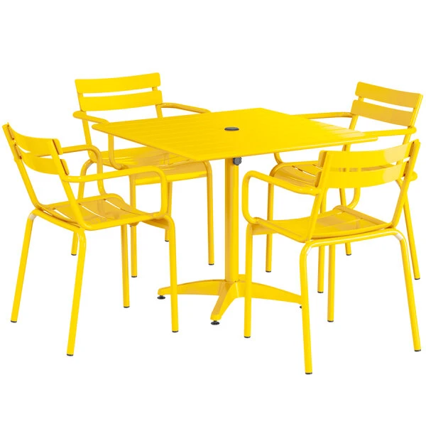 Lancaster Table & Seating 36" X 36" Yellow Powder-Coated Aluminum Standard Height Outdoor Table With Umbrella Hole And 4 Arm Chairs 2 Lancaster Table & Seating 36" X 36" Yellow Powder-Coated Aluminum Standard Height Outdoor Table With Umbrella Hole And 4 Arm Chairs - Image 2