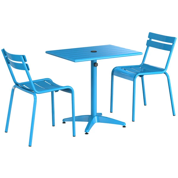 Lancaster Table & Seating 24" X 32" Blue Powder-Coated Aluminum Dining Height Outdoor Table With Umbrella Hole And 2 Side Chairs 2 Lancaster Table & Seating 24" X 32" Blue Powder-Coated Aluminum Dining Height Outdoor Table With Umbrella Hole And 2 Side Chairs - Image 2