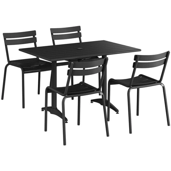 Lancaster Table & Seating 32" X 48" Black Powder-Coated Aluminum Standard Height Outdoor Table With Umbrella Hole And 4 Side Chairs 2 Lancaster Table & Seating 32" X 48" Black Powder-Coated Aluminum Standard Height Outdoor Table With Umbrella Hole And 4 Side Chairs - Image 2