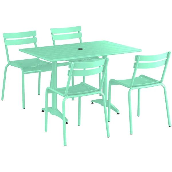 Lancaster Table & Seating 32" X 48" Seafoam Powder-Coated Aluminum Standard Height Outdoor Table With Umbrella Hole And 4 Side Chairs 2 Lancaster Table & Seating 32" X 48" Seafoam Powder-Coated Aluminum Standard Height Outdoor Table With Umbrella Hole And 4 Side Chairs - Image 2