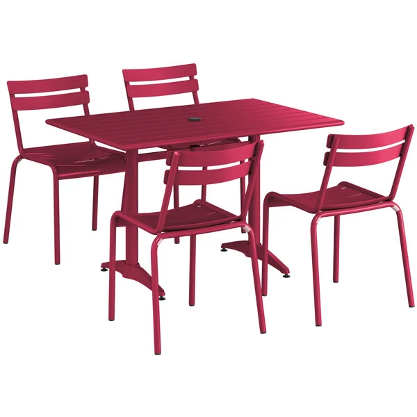 Lancaster Table & Seating 32" X 48" Sangria Powder-Coated Aluminum Standard Height Outdoor Table With Umbrella Hole And 4 Side Chairs 2 Lancaster Table & Seating 32" X 48" Sangria Powder-Coated Aluminum Standard Height Outdoor Table With Umbrella Hole And 4 Side Chairs - Image 2