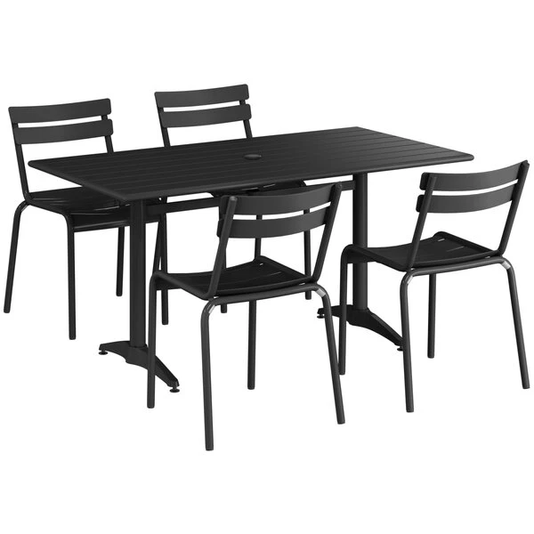 Lancaster Table & Seating 32" X 60" Black Powder-Coated Aluminum Standard Height Outdoor Table With Umbrella Hole And 4 Side Chairs 2 Lancaster Table & Seating 32" X 60" Black Powder-Coated Aluminum Standard Height Outdoor Table With Umbrella Hole And 4 Side Chairs - Image 2