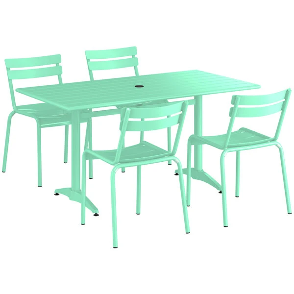Lancaster Table & Seating 32" X 60" Seafoam Powder-Coated Aluminum Standard Height Outdoor Table With Umbrella Hole And 4 Side Chairs 2 Lancaster Table & Seating 32" X 60" Seafoam Powder-Coated Aluminum Standard Height Outdoor Table With Umbrella Hole And 4 Side Chairs - Image 2