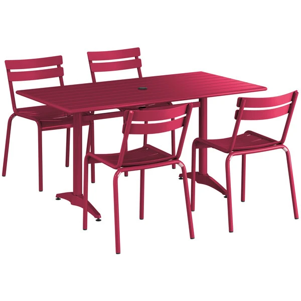 Lancaster Table & Seating 32" X 60" Sangria Powder-Coated Aluminum Standard Height Outdoor Table With Umbrella Hole And 4 Side Chairs 2 Lancaster Table & Seating 32" X 60" Sangria Powder-Coated Aluminum Standard Height Outdoor Table With Umbrella Hole And 4 Side Chairs - Image 2