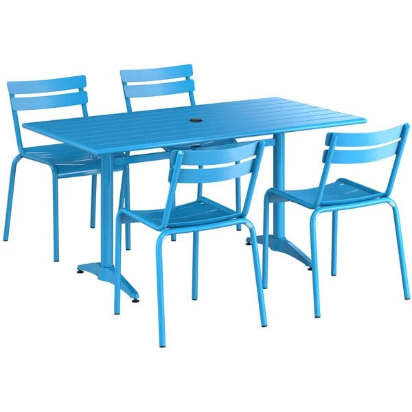 Lancaster Table & Seating 32" X 60" Blue Powder-Coated Aluminum Dining Height Outdoor Table With Umbrella Hole And 4 Side Chairs 2 Lancaster Table & Seating 32" X 60" Blue Powder-Coated Aluminum Dining Height Outdoor Table With Umbrella Hole And 4 Side Chairs - Image 2
