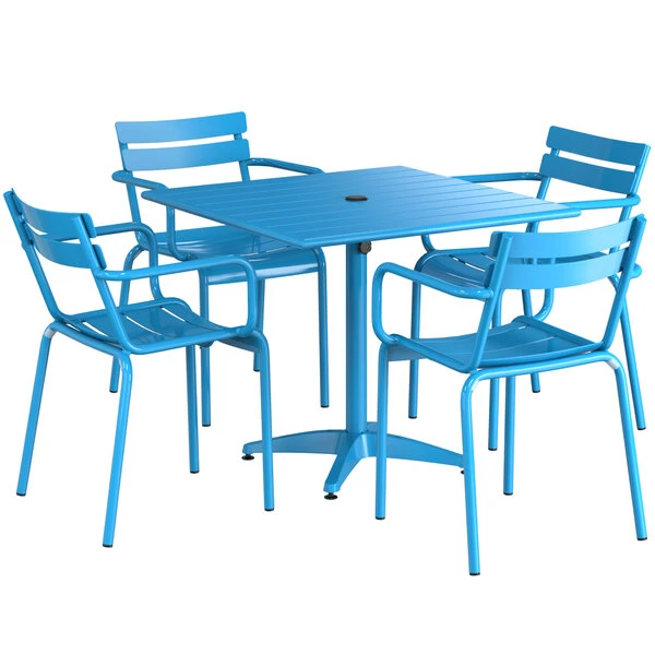 Lancaster Table & Seating 36" X 36" Blue Powder-Coated Aluminum Dining Height Outdoor Table With Umbrella Hole And 4 Arm Chairs 2 Lancaster Table & Seating 36" X 36" Blue Powder-Coated Aluminum Dining Height Outdoor Table With Umbrella Hole And 4 Arm Chairs - Image 2