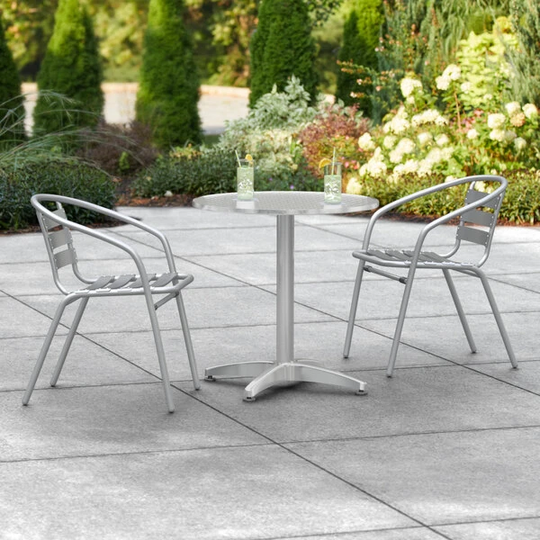 Lancaster Table & Seating 27" Chrome Powder-Coated Round Steel And Aluminum Dining Set With 2 Aluminum Outdoor Arm Chairs 1 Lancaster Table & Seating 27" Chrome Powder-Coated Round Steel And Aluminum Dining Set With 2 Aluminum Outdoor Arm Chairs