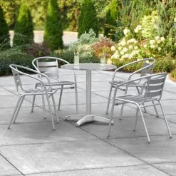 Lancaster Table & Seating 27" Chrome Powder-Coated Round Steel And Aluminum Dining Set With 4 Aluminum Outdoor Arm Chairs