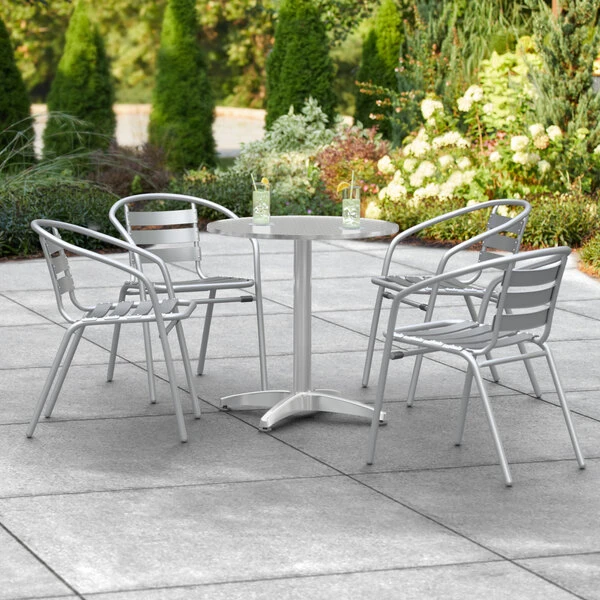 Lancaster Table & Seating 27" Chrome Powder-Coated Round Steel And Aluminum Dining Set With 4 Aluminum Outdoor Arm Chairs 1 Lancaster Table & Seating 27" Chrome Powder-Coated Round Steel And Aluminum Dining Set With 4 Aluminum Outdoor Arm Chairs