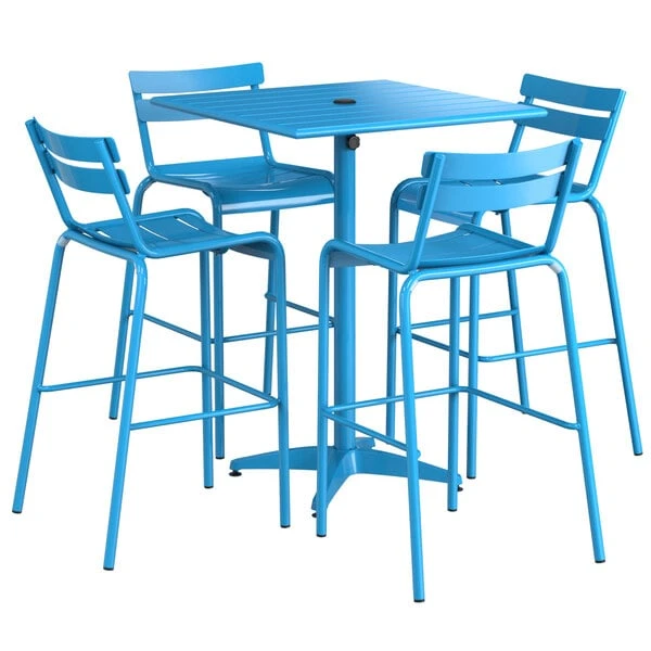 Lancaster Table & Seating 32" X 32" Blue Powder-Coated Aluminum Bar Height Outdoor Table With Umbrella Hole And 4 Barstools 2 Lancaster Table & Seating 32" X 32" Blue Powder-Coated Aluminum Bar Height Outdoor Table With Umbrella Hole And 4 Barstools - Image 2