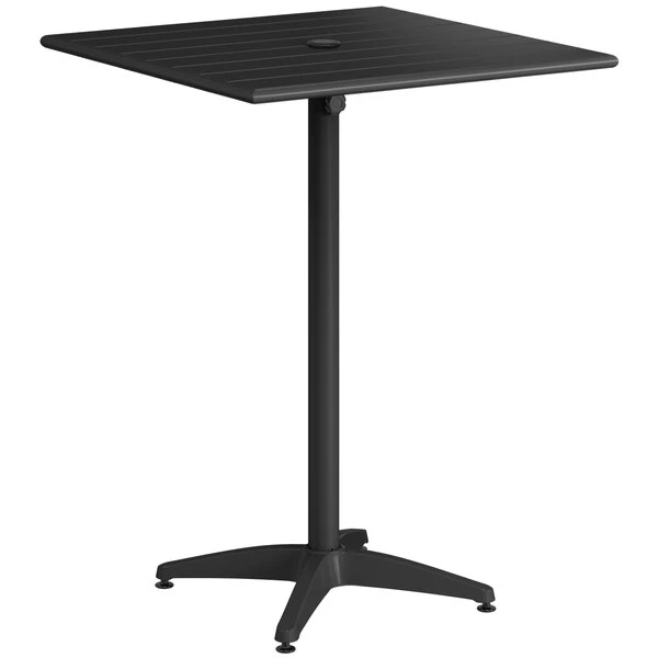 Lancaster Table & Seating 32" X 32" Black Powder-Coated Aluminum Bar Height Outdoor Table With Umbrella Hole 2 Lancaster Table & Seating 32" X 32" Black Powder-Coated Aluminum Bar Height Outdoor Table With Umbrella Hole - Image 2