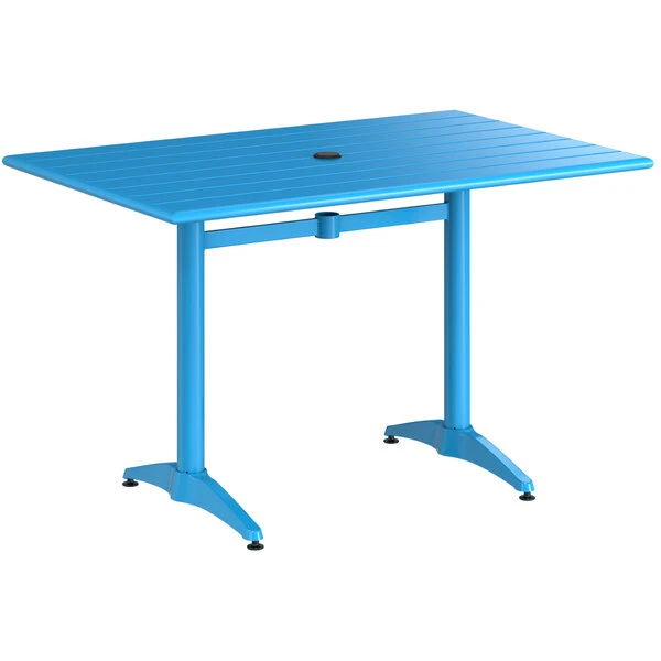 Lancaster Table & Seating 32" X 48" Blue Powder-Coated Aluminum Dining Height Outdoor Table With Umbrella Hole And 4 Arm Chairs 4 Lancaster Table & Seating 32" X 48" Blue Powder-Coated Aluminum Dining Height Outdoor Table With Umbrella Hole And 4 Arm Chairs - Image 4