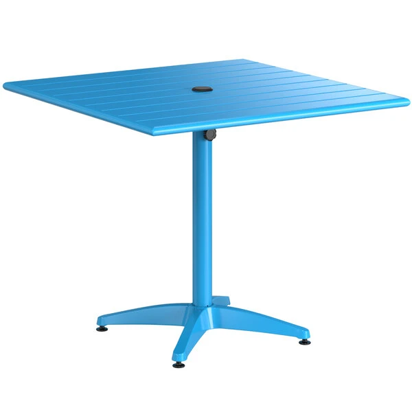 Lancaster Table & Seating 36" X 36" Blue Powder-Coated Aluminum Dining Height Outdoor Table With Umbrella Hole And 4 Arm Chairs 4 Lancaster Table & Seating 36" X 36" Blue Powder-Coated Aluminum Dining Height Outdoor Table With Umbrella Hole And 4 Arm Chairs - Image 4