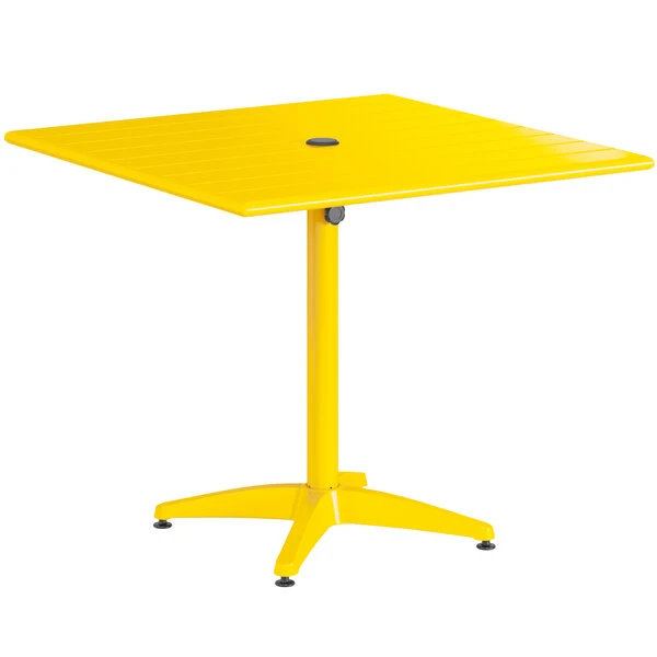 Lancaster Table & Seating 36" X 36" Yellow Powder-Coated Aluminum Standard Height Outdoor Table With Umbrella Hole And 4 Arm Chairs 4 Lancaster Table & Seating 36" X 36" Yellow Powder-Coated Aluminum Standard Height Outdoor Table With Umbrella Hole And 4 Arm Chairs - Image 4