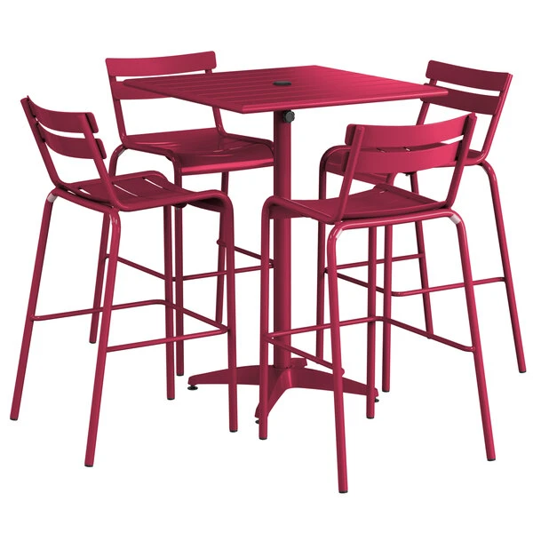 Lancaster Table & Seating 32" X 32" Sangria Powder-Coated Aluminum Bar Height Outdoor Table With Umbrella Hole And 4 Barstools 2 Lancaster Table & Seating 32" X 32" Sangria Powder-Coated Aluminum Bar Height Outdoor Table With Umbrella Hole And 4 Barstools - Image 2