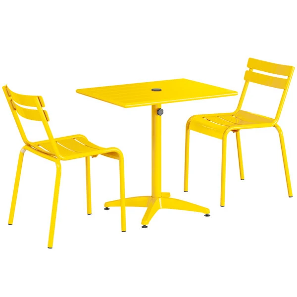 Lancaster Table & Seating 24" X 32" Yellow Powder-Coated Aluminum Standard Height Outdoor Table With Umbrella Hole And 2 Side Chairs 2 Lancaster Table & Seating 24" X 32" Yellow Powder-Coated Aluminum Standard Height Outdoor Table With Umbrella Hole And 2 Side Chairs - Image 2