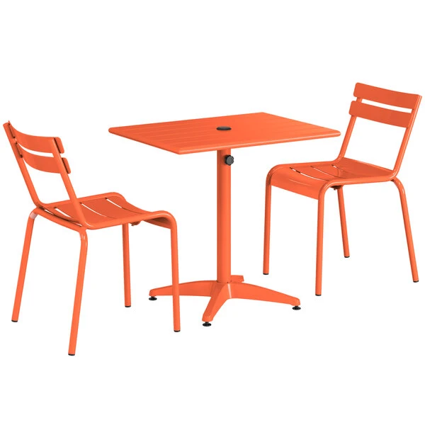 Lancaster Table & Seating 24" X 32" Orange Powder-Coated Aluminum Standard Height Outdoor Table With Umbrella Hole And 2 Side Chairs 2 Lancaster Table & Seating 24" X 32" Orange Powder-Coated Aluminum Standard Height Outdoor Table With Umbrella Hole And 2 Side Chairs - Image 2
