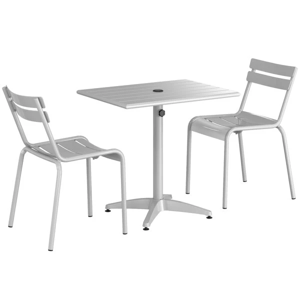 Lancaster Table & Seating 24" X 32" Silver Powder-Coated Aluminum Dining Height Outdoor Table With Umbrella Hole And 2 Side Chairs 2 Lancaster Table & Seating 24" X 32" Silver Powder-Coated Aluminum Dining Height Outdoor Table With Umbrella Hole And 2 Side Chairs - Image 2