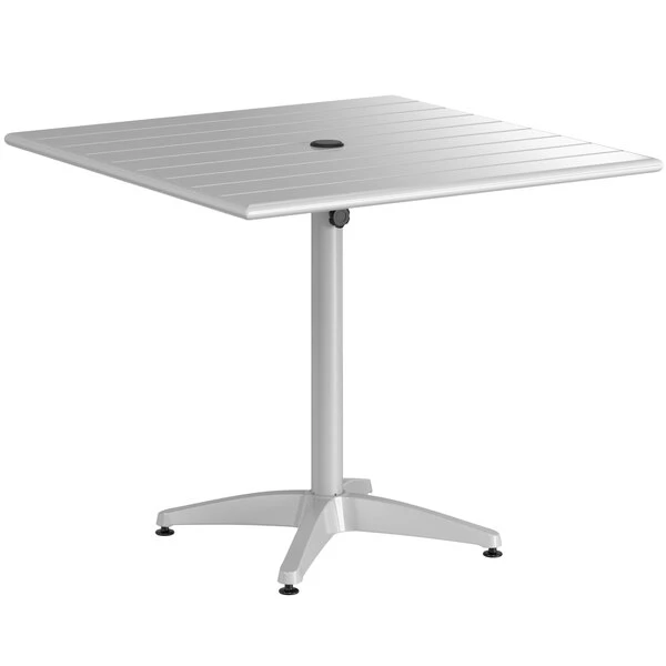 Lancaster Table & Seating 36" X 36" Silver Powder-Coated Aluminum Dining Height Outdoor Table With Umbrella Hole And 4 Side Chairs 4 Lancaster Table & Seating 36" X 36" Silver Powder-Coated Aluminum Dining Height Outdoor Table With Umbrella Hole And 4 Side Chairs - Image 4