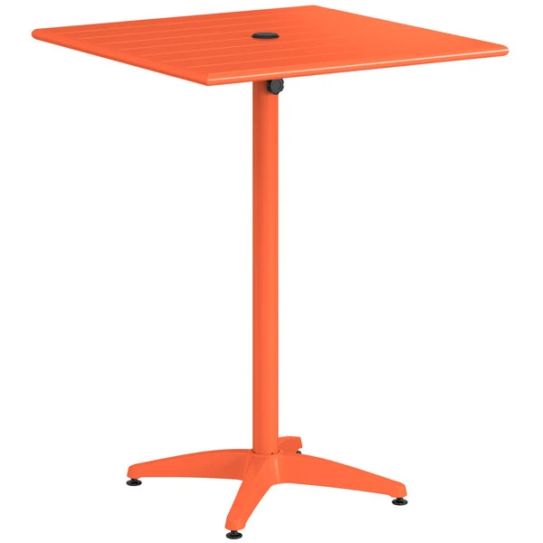 Lancaster Table & Seating 32" X 32" Orange Powder-Coated Aluminum Bar Height Outdoor Table With Umbrella Hole 2 Lancaster Table & Seating 32" X 32" Orange Powder-Coated Aluminum Bar Height Outdoor Table With Umbrella Hole - Image 2