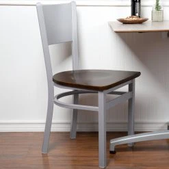 BFM Seating Axel Silver Mist Steel Side Chair With Walnut Wood Seat