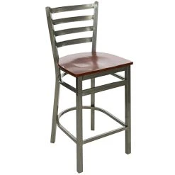 BFM Seating Lima Clear Coated Steel Counter Height Bar Stool With Mahogany Wooden Seat