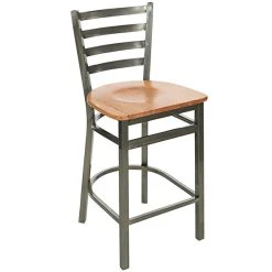 BFM Seating Lima Clear Coated Steel Counter Height Bar Stool With Natural Wooden Seat