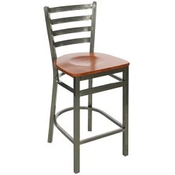 BFM Seating Lima Clear Coated Steel Counter Height Bar Stool With Cherry Wooden Seat