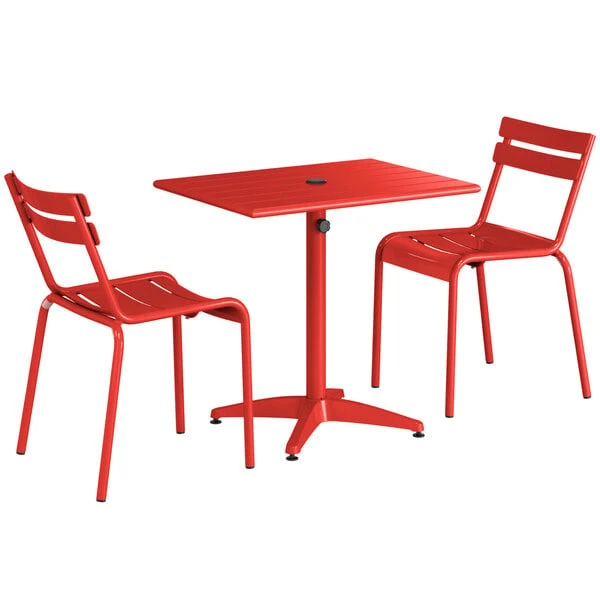 Lancaster Table & Seating 24" X 32" Red Powder-Coated Aluminum Dining Height Outdoor Table With Umbrella Hole And 2 Side Chairs 2 Lancaster Table & Seating 24" X 32" Red Powder-Coated Aluminum Dining Height Outdoor Table With Umbrella Hole And 2 Side Chairs - Image 2