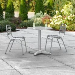 Lancaster Table & Seating 28" Chrome Powder-Coated Round Steel And Aluminum Dining Set With 2 Aluminum Outdoor Side Chairs
